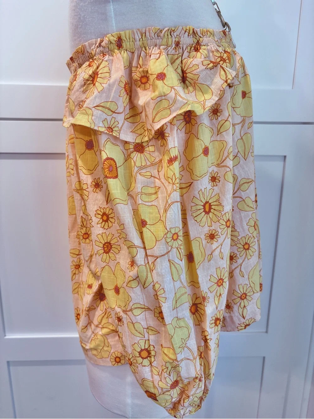 Free People Miss Daisy Floral Off-Shoulder Yellow and Brown Peasant Top Size S